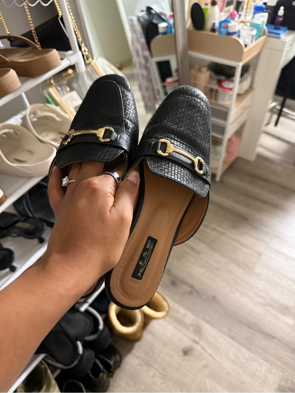 Women’s Black Slip-On Loafers with Gold Horsebit Accent